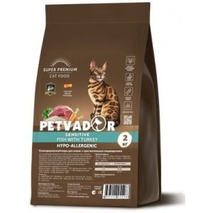 PETVADOR сухой корм для взрослых кошек с чувствительным пищеварением рыба с Индейкой и бурым рисом
