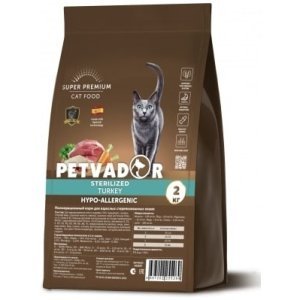 PETVADOR сухой корм для взрослых стерилизованных кошек Индейка с бурым рисом