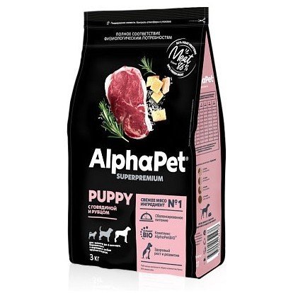 Alphapet Superpremium для щенков до 6 месяцев, беременных и кормящих собак крупных пород с говядиной и рубцом