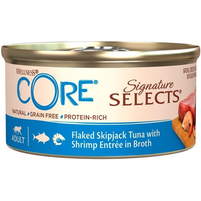 Wellness CORE SIGNATURE SELECTS консервы из тунца с креветками в виде кусочков в бульоне для кошек 79 г