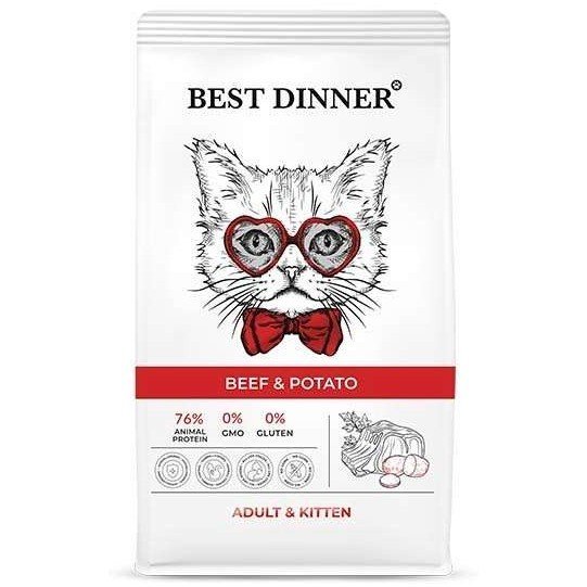 Best Dinner Adult & Kitten Beef & Potato Полнорационный сухой корм для котят с 1 месяца и взрослых кошек, с говядиной и картофелем