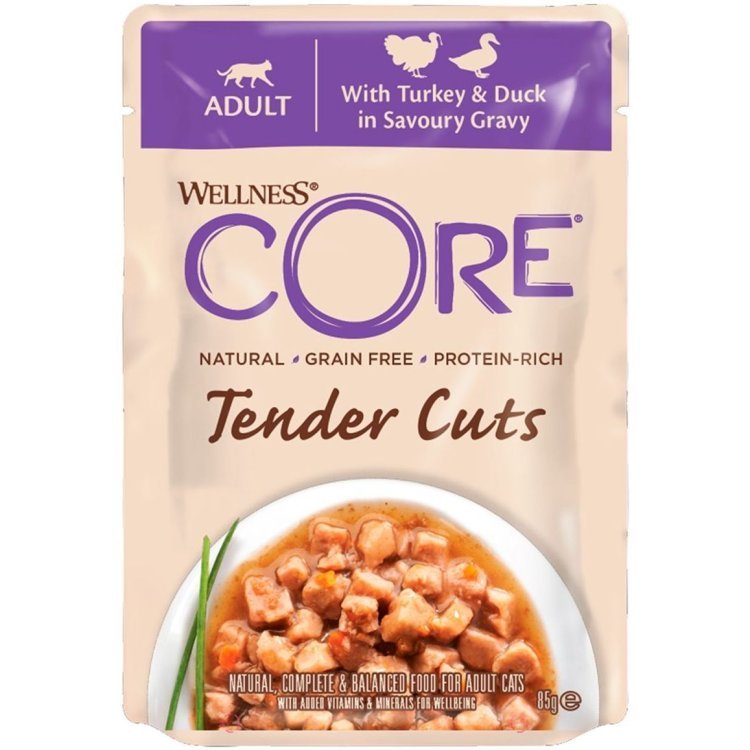 Wellness CORE Tender Cuts паучи из индейки с уткой в виде нарезки в соусе для кошек 85 г