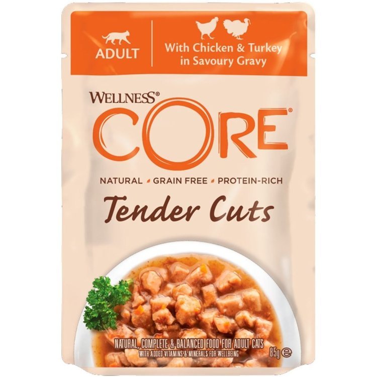 Wellness CORE Tender Cuts паучи из курицы с индейкой в виде нарезки в соусе для кошек 85 г