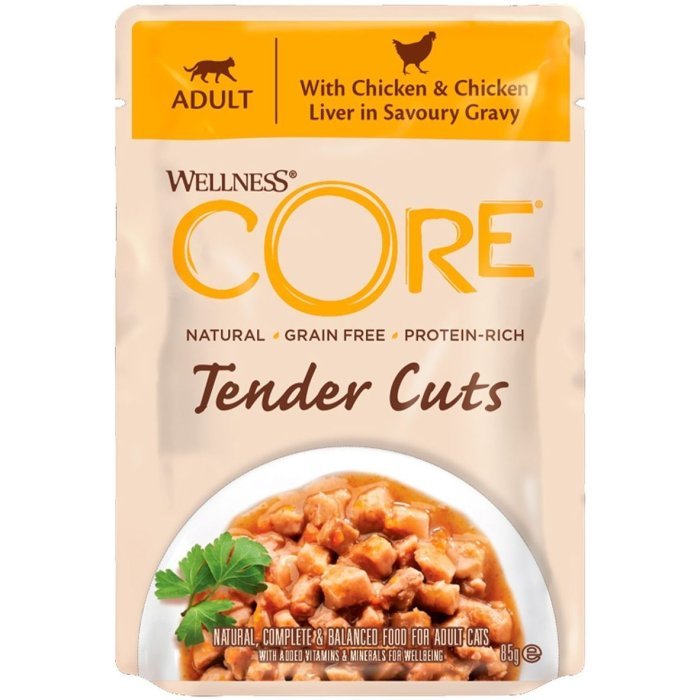 Wellness CORE Tender Cuts паучи из курицы с куриной печенью в виде нарезки в соусе для кошек 85 г