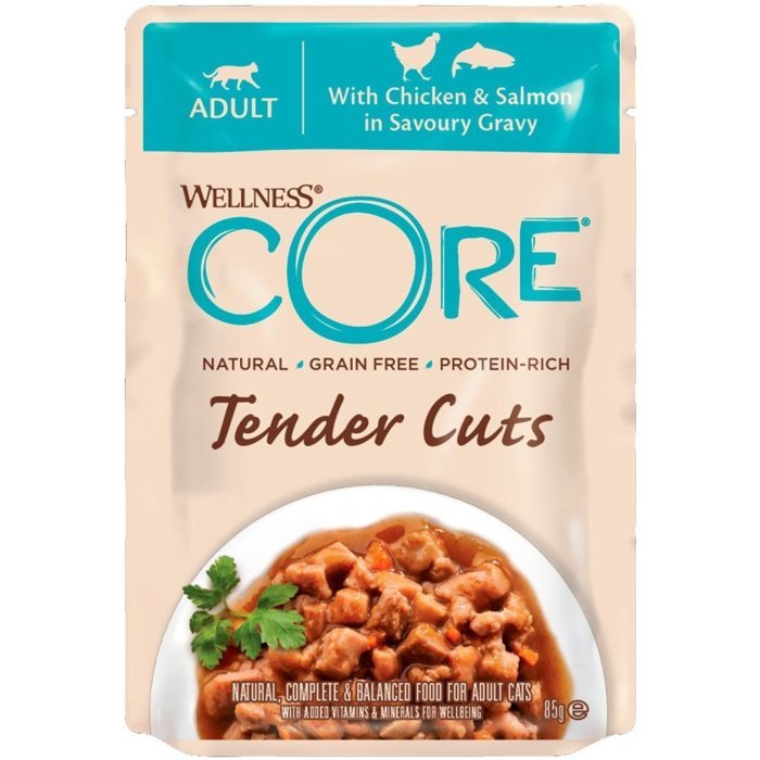 Wellness CORE Tender Cuts паучи из курицы с лососем в виде нарезки в соусе для кошек 85 г