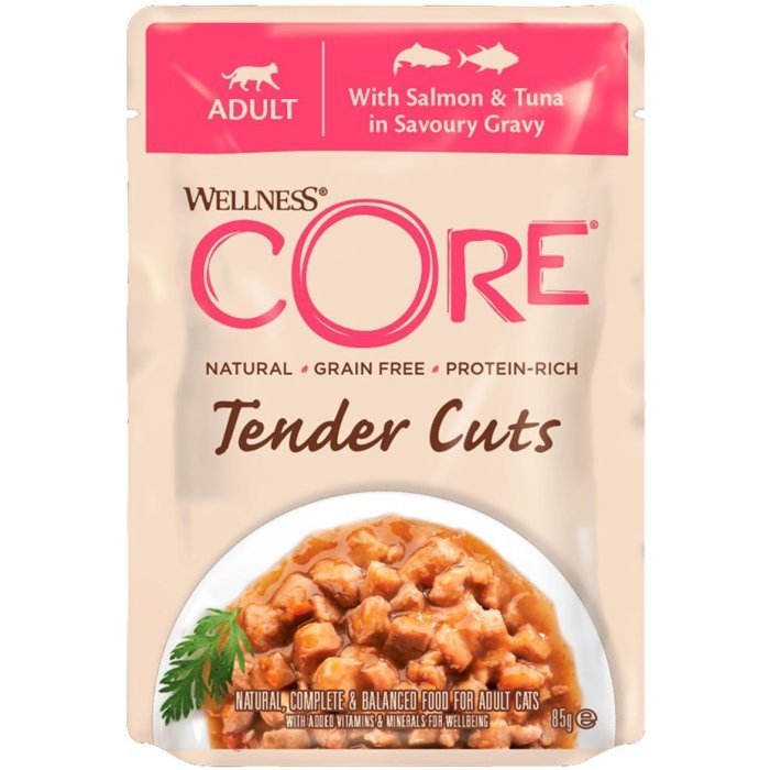 Wellness CORE Tender Cuts паучи из лосося с тунцом в виде нарезки в соусе для кошек 85 г