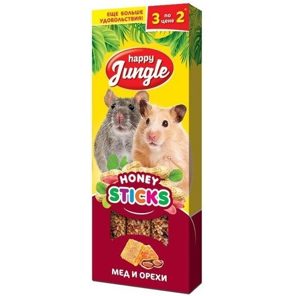 Happy Jungle палочки для мелк. грызунов мед и орехи 3шт 90гр