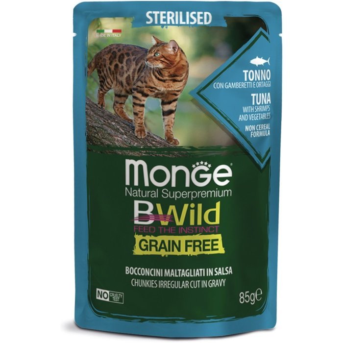 Monge Cat BWild GRAIN FREE паучи из тунца с креветками и овощами для стерилизованных кошек 85г