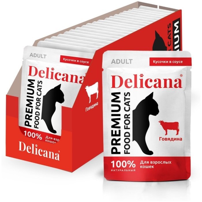 Delicana Влажный корм для взрослых кошек Кусочки в соусе с Говядиной, 85г