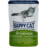 Happy Cat нежные кусочки в желе Ягненок и телятина с зеленой фасолью, 100 г