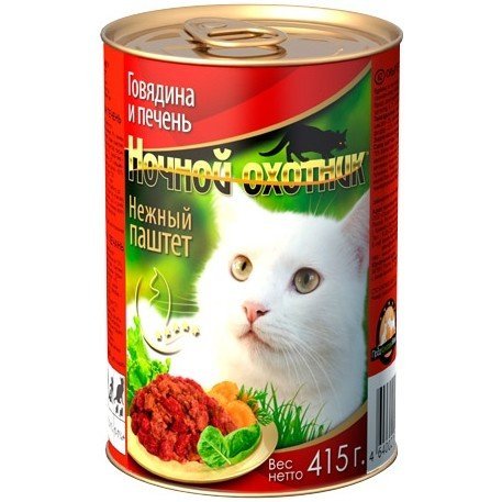 Ночной охотник влажный корм для кошек, Говядина и Печень, Паштет, 415г