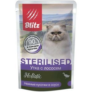 Blitz Holistic Sterilised нежные кусочки в соусе для стерилизованных кошек, Утка с лососем 85г