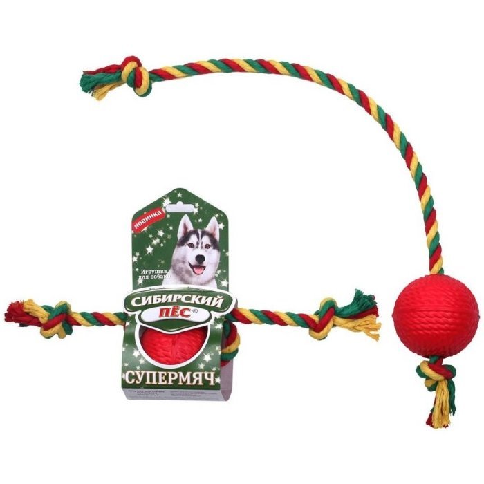 Сибирский пес Игрушка для Собак "Супермяч" на веревке х/б Два узла