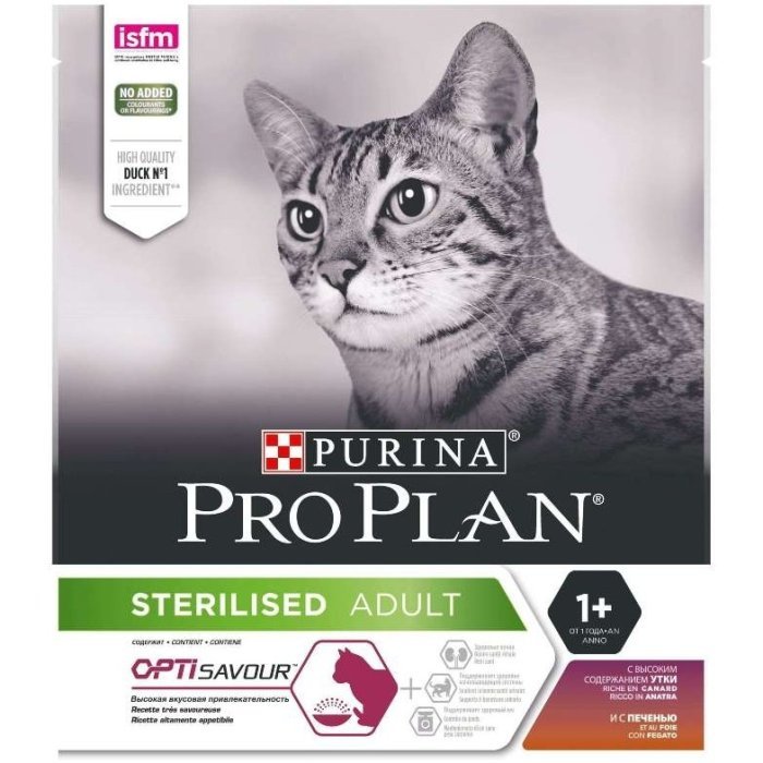 Purina Pro Plan для стерилизованных кошек и кастрированных котов, с высоким содержанием утки и c печенью