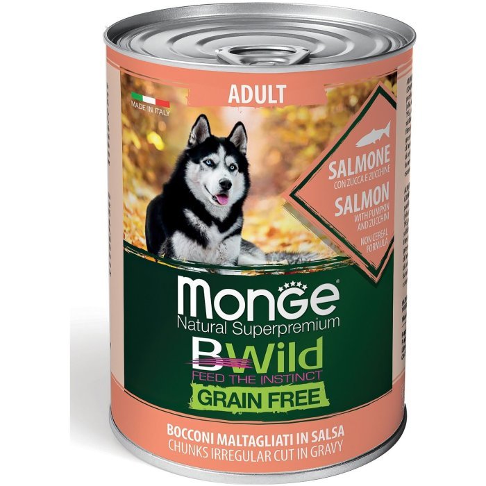 Monge Dog BWild GRAIN FREE беззерновые консервы из лосося с тыквой и кабачками для взрослых собак всех пород 400г