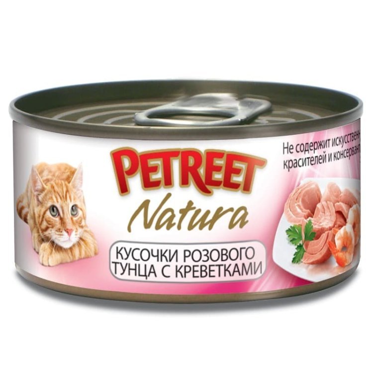 Petreet консервы для кошек кусочки розового тунца с креветками 70 г