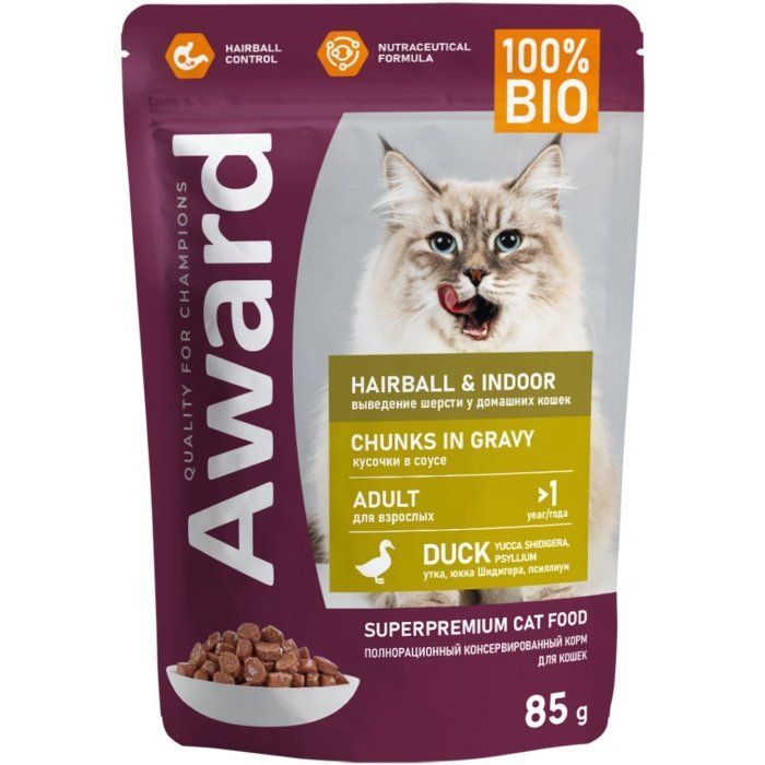 Влажный корм AWARD Hairball & Indoor для выведения шерсти у взрослых домашних кошек кусочки в соусе с уткой 85г