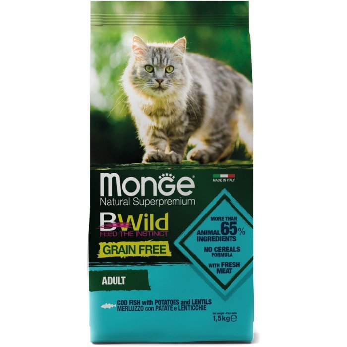 Monge Cat BWild GRAIN FREE беззерновой корм из трески, картофеля и чечевицы для взрослых кошек