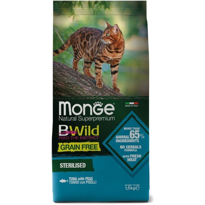 Monge Cat BWild GRAIN FREE беззерновой корм из тунца и гороха для стерилизованных кошек