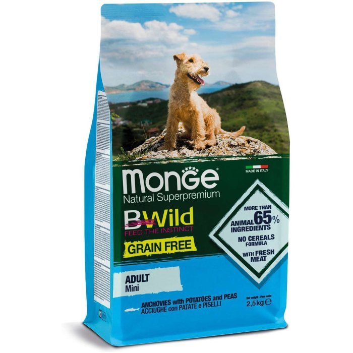 Monge Dog BWild GRAIN FREE Mini беззерновой корм из анчоуса с картофелем и горохом для взрослых собак мелких пород