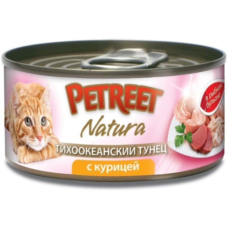 Petreet консервы для кошек кусочки тихоокеанского тунца с курицей в рыбном бульоне 70 г