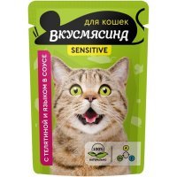 Вкусмясина Пауч для взрослых кошек с телятиной и языком, 85г